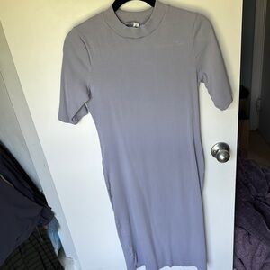 Gray and Purple Sheath Midi Dress with Mock Neck